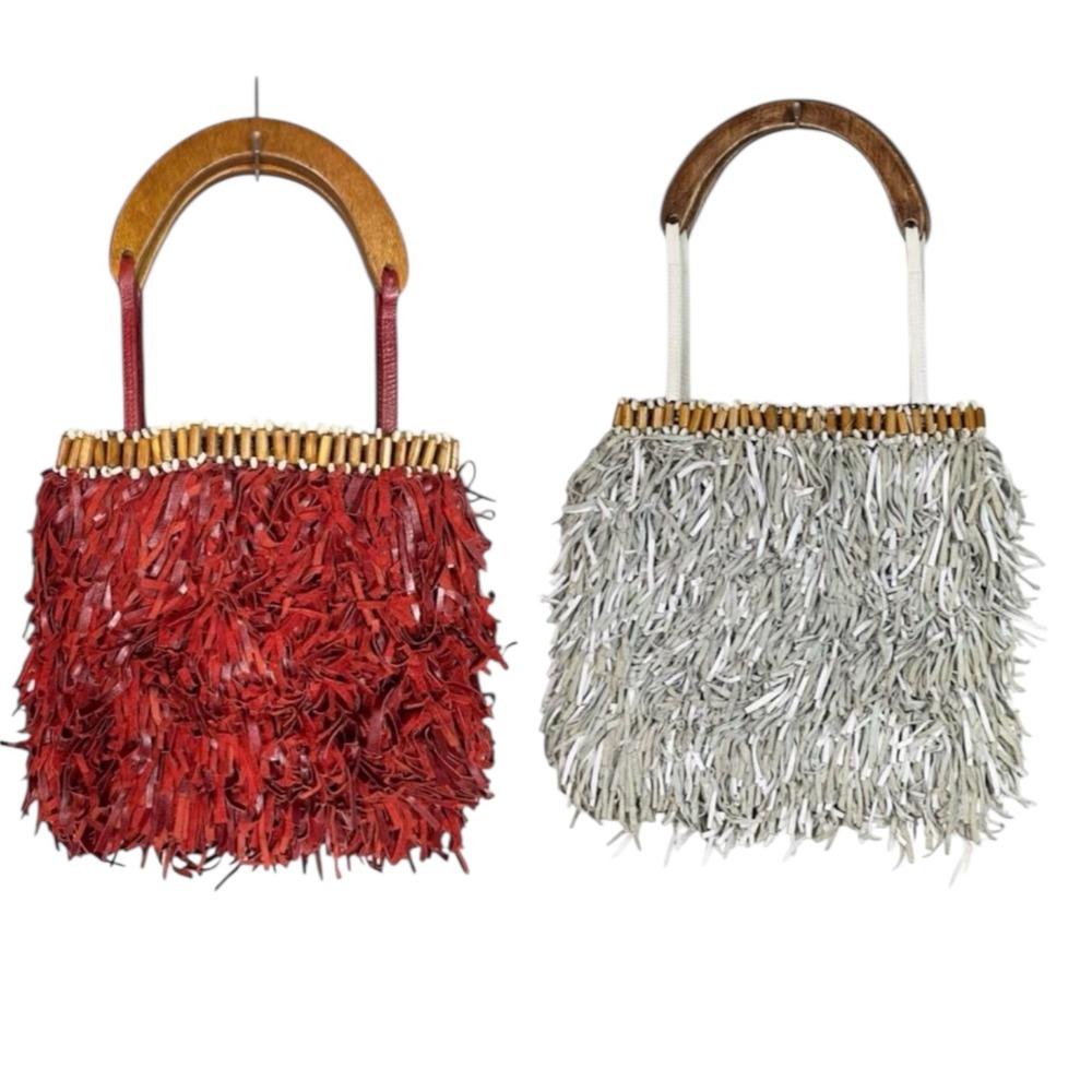 Lot 2‎ Leather Fringe Shoulder Bags TRIBO Beaded Wood Handles Red Gray Boho Y2K